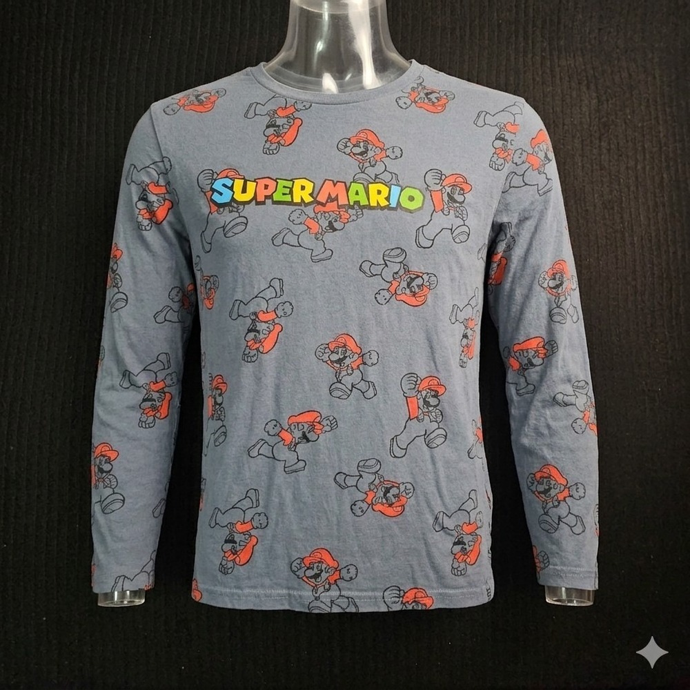 Nintendo Super Mario Boys Long Sleeve Shirt Blue All Over Print Size L (10/12)